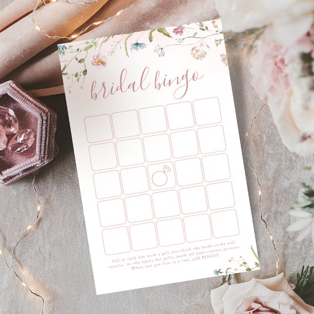 Jogo de chá de panela de flor selvagem rosa (Pink Wildflower Boho bridal shower bingo game)