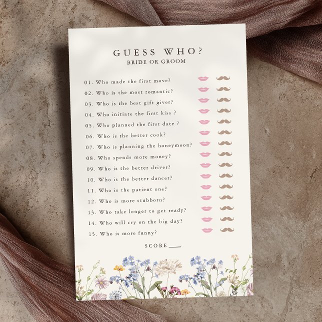 Jogo de Chá de panela do Jardim de Prados de Flor  (Spring Wildflower Meadow Garden Bridal Shower Game guess who? bride or groom)