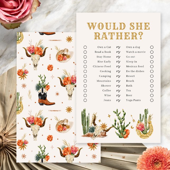 Jogo de Chá de panela do Western Boho (Western Boho Bridal Shower Would She Rather? Game by Painted Paperie
)
