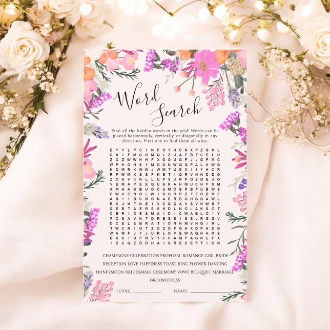 jogo de chá de panela floral do Word Search (Word Search boho floral bridal shower game)