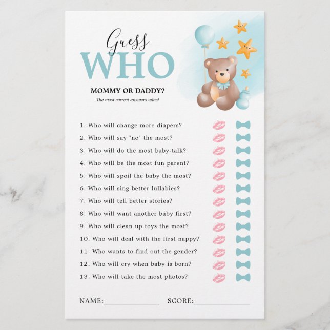 Jogo de Chás de fraldas de Adivinhação do Urso de  (Frente)