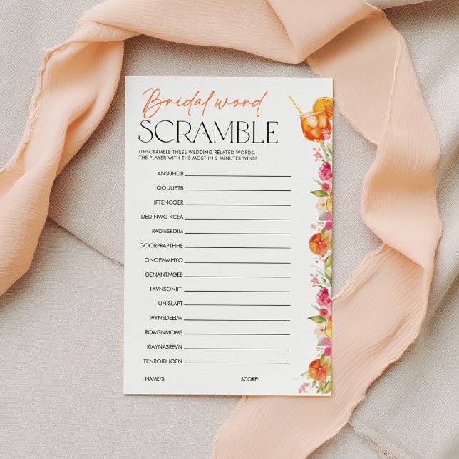 Jogo de Chuva de Presentes de Noiva Palavras Desem (Bridal Word Scramble | Love at first spritz Bridal Shower Game)