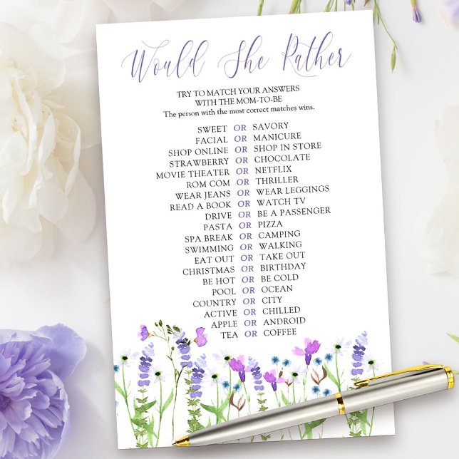 Jogo de Chuveiro de Flores Silvestres Roxas 'Ela D (Would she Rather Game Card from my Purple Wildflower Collection.)
