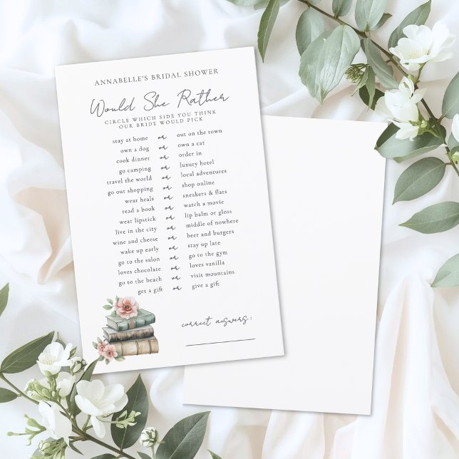 Jogo de Chuveiro de Noiva "Eu Preferiria" (Would Rather Book Bridal Shower Game)