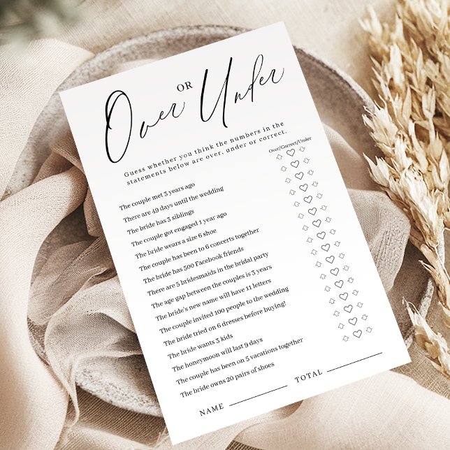 Jogo de chuveiro de noiva Minimalista Sobre ou Aba (Minimalist Over or Under bridal shower game)
