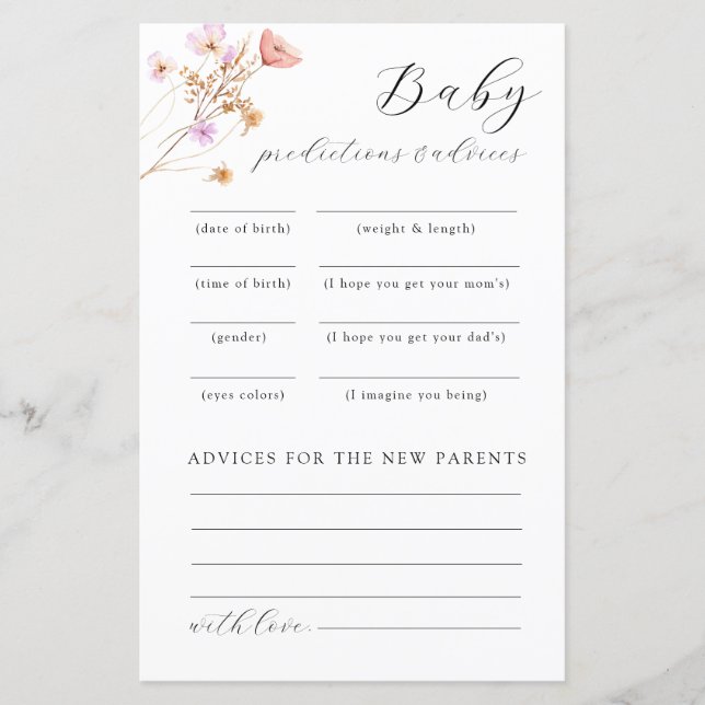 Jogo de Conselhos para Chá de Bebê Flor Selvagem (Frente)