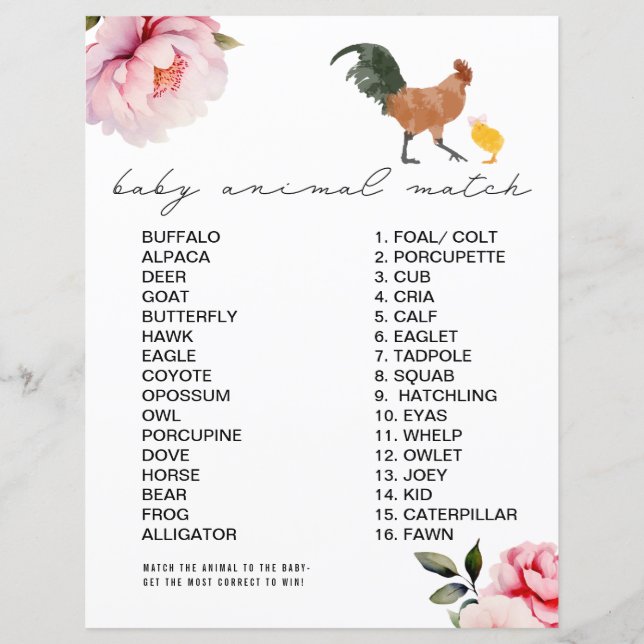 Jogo de Correspondência Animal de Chá de fraldas F (Frente)