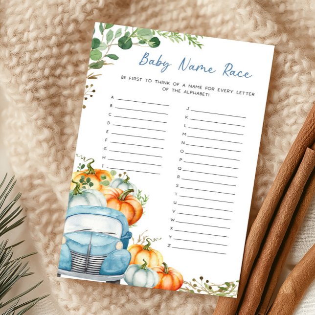 Jogo de Corrida de Nome de Bebê Caminhãozinho Azul (Fall Pumpkin Blue Truck Baby Shower Baby Name Race Game)