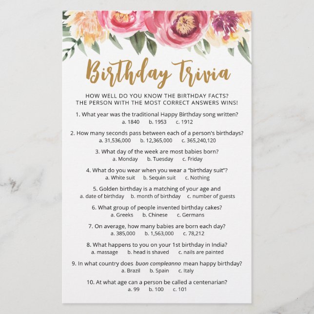 Jogo de curiosidades de aniversário com respostas  (Frente)