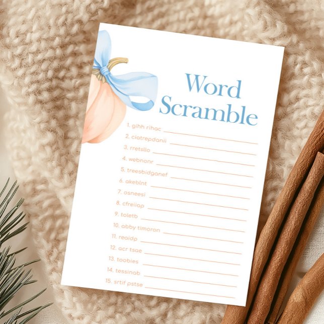 Jogo de Desembaralhar Palavras Abóbora Laranja com (Little Pumpkin Bow Baby Shower Word Scramble Game)