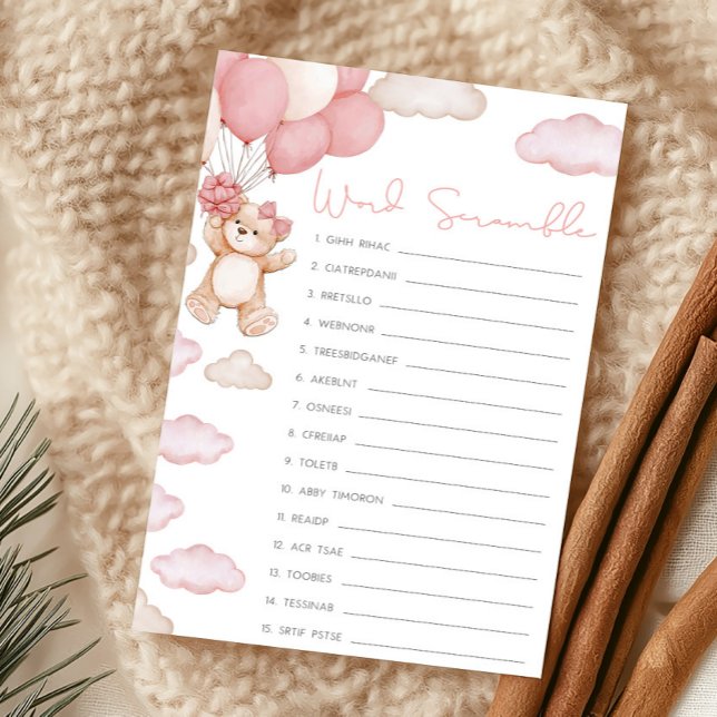 Jogo de Desembaralhar Palavras Chuveiro de Bebê Ur (Girl Bear Balloon Baby Shower Word Scramble Game)