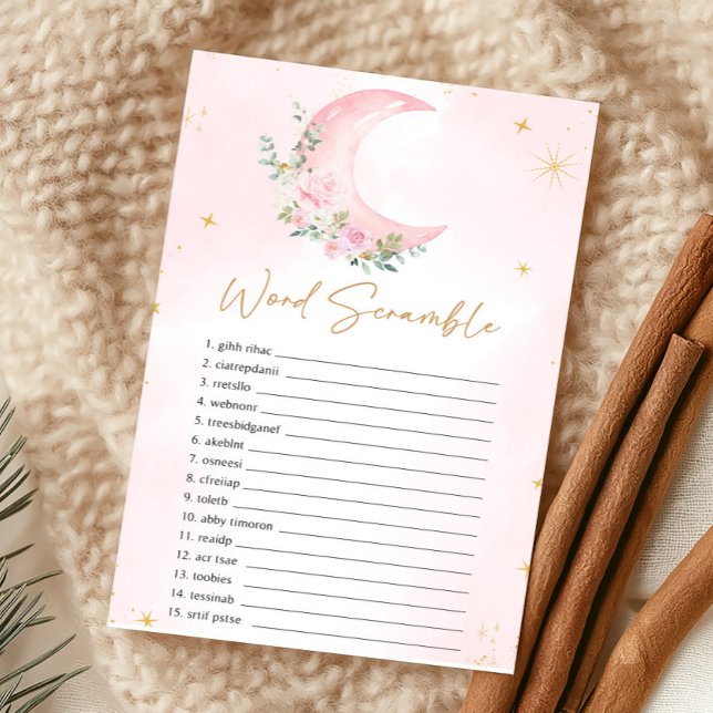 Jogo de Desembaralhar Palavras Chuvinha de Amor Ba (Girl Moon Baby Shower Word Scramble Game)