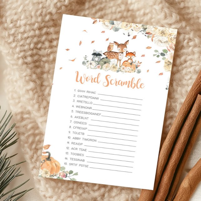 Jogo de Desembaralhar Palavras de Animais da Flore (Floral Woodland Animals Baby Shower Word Scramble Game)