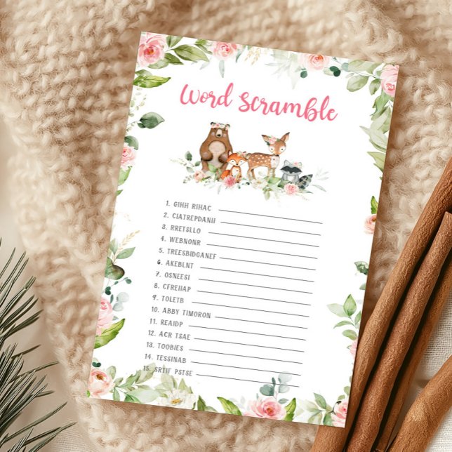 Jogo de Desembaralhar Palavras do Banho Florestal  (Girl Woodland Animals Baby Shower Word Scramble Game)