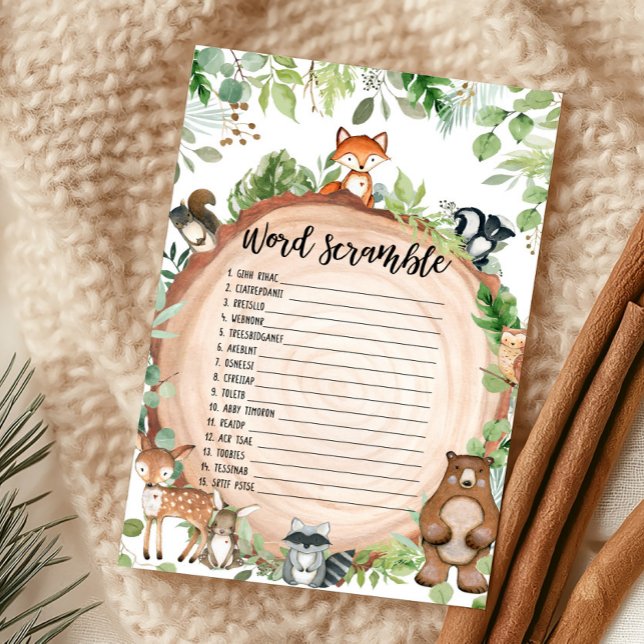 Jogo de Desembaralhar Palavras do Chuveiro de Anim (Wood Slice Woodland Baby Shower Word Scramble Game)