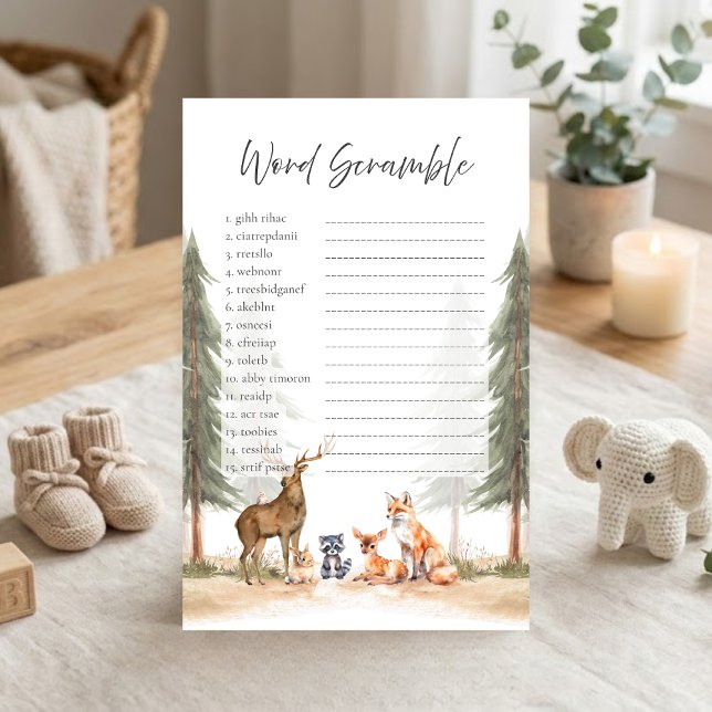 Jogo de Desembaralhar Palavras do Chuveiro Florest (Let the Adventure Begin Woodland Animals Baby Shower Word Scramble Game)