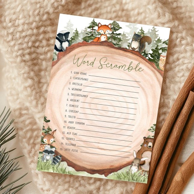 Jogo de Desembaralhar Palavras em Fatia de Madeira (Boy Woodland Animals Baby Shower Word Scramble Game)