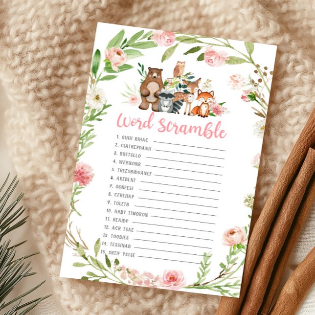 Jogo de Desembaralhar Palavras Floral Rosa da Flor (Girl Woodland Animals Baby Shower Word Scramble Game)