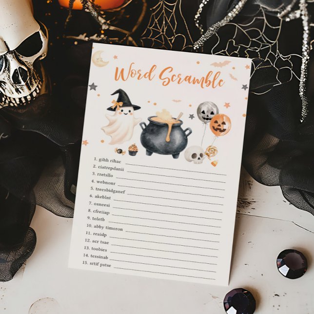 Jogo de Desembaralhar Palavras Laranja Fantasma Li (Gender Neutral Baby Shower Word Scramble Game)