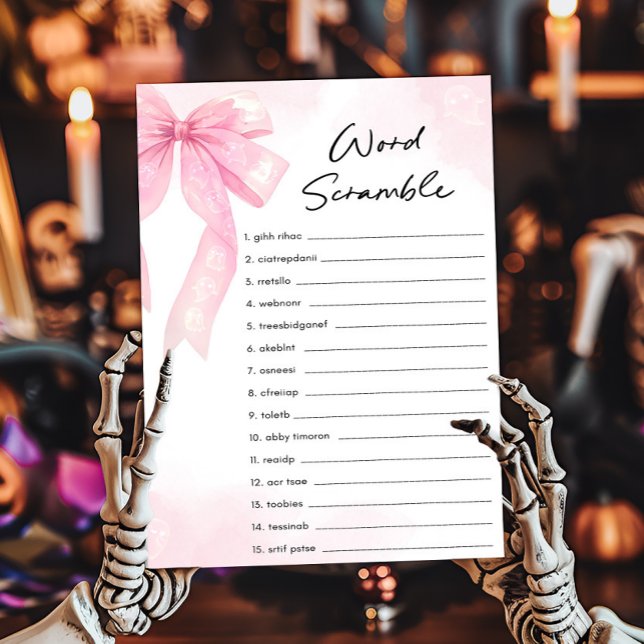 Jogo de Desembaralhar Palavras Pequeno Boo com Laç (Girl Coquette Halloween Baby Shower Word Scramble Game)