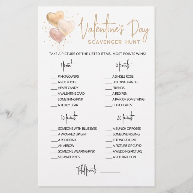 Jogo de Dia de os namorados Scavenger Hunt Editáve (Frente)