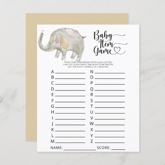 Jogo de Elephant Baby Item. Jogo do chá de fraldas (Frente/Verso)