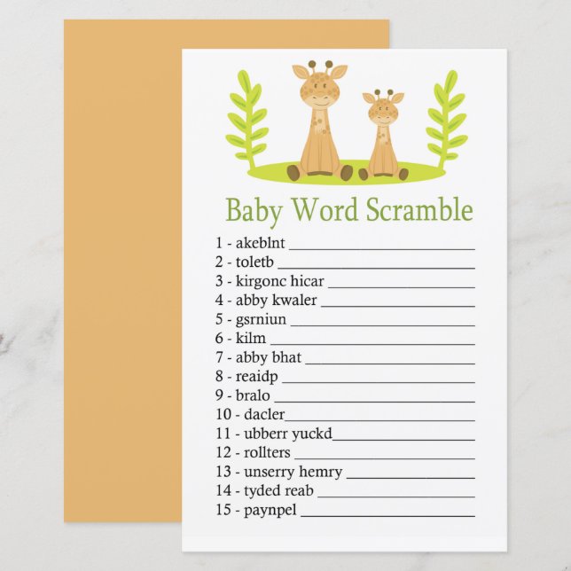 jogo de embaralhar palavras Giraffe Baby (Frente/Verso)