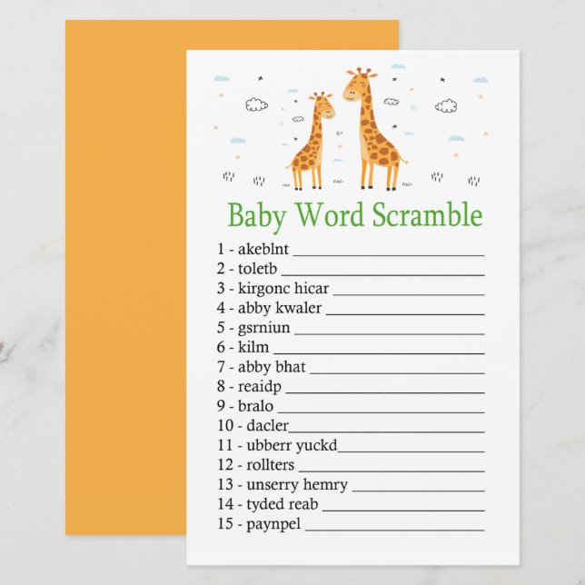 jogo de embaralhar palavras Giraffe Baby (Frente/Verso)