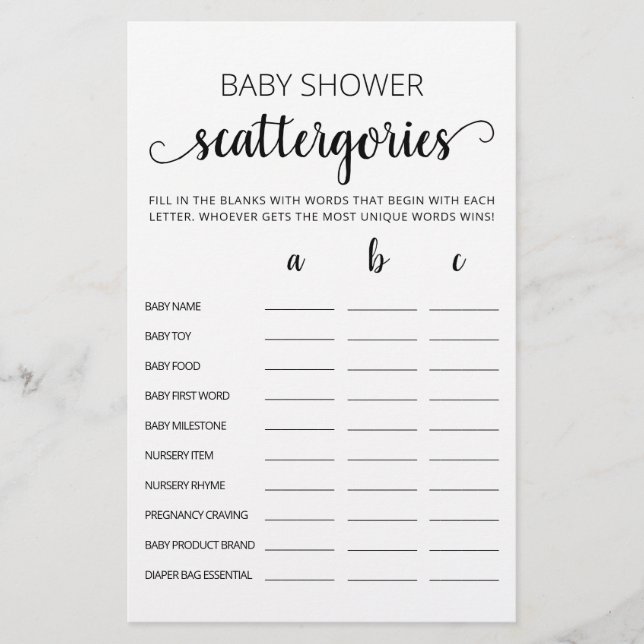 Jogo de festa de Baby Shower Scattergories (Frente)