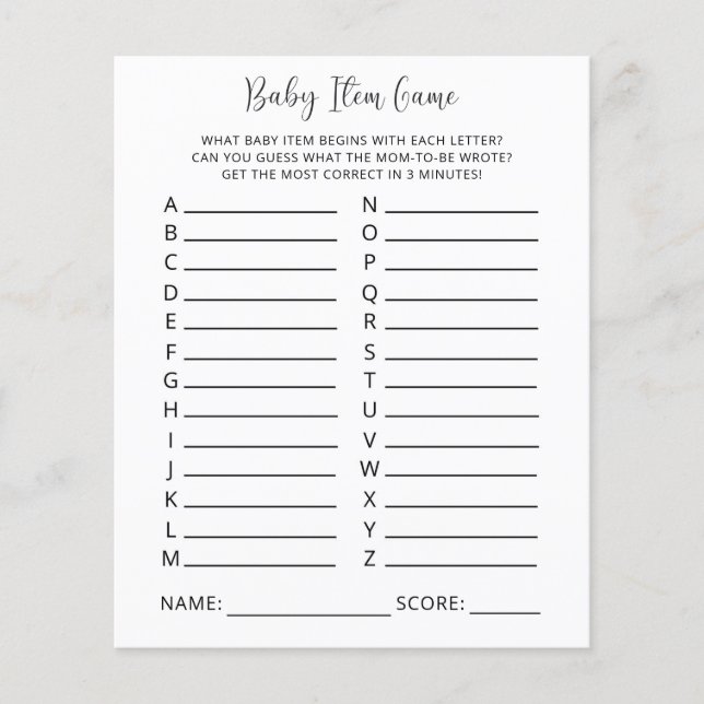 Jogo de Item Bebê. Jogo do chá de fraldas (Frente)