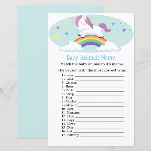 Jogo de Nome de Bebês do Unicorn (Frente/Verso)