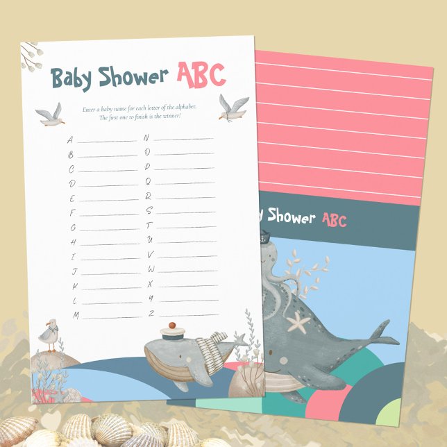 Jogo de Nomes ABC do Chá de Bebê Baleia Náutica Ro (Pink Nautical Whale Baby Shower ABC Names Game ©Susanne Sachers - Sunny Mind Design 🌞)
