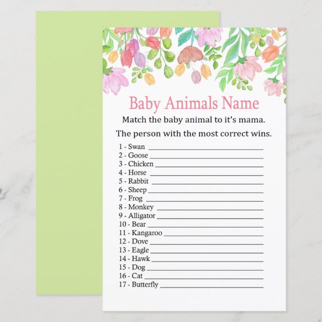 Jogo de Nomes de Animais Bebês com Flores de Aquar (Frente/Verso)