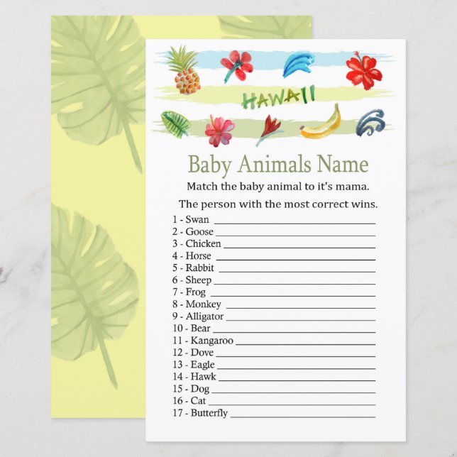 Jogo de Nomes de Animais Bebês do Havaí (Frente/Verso)