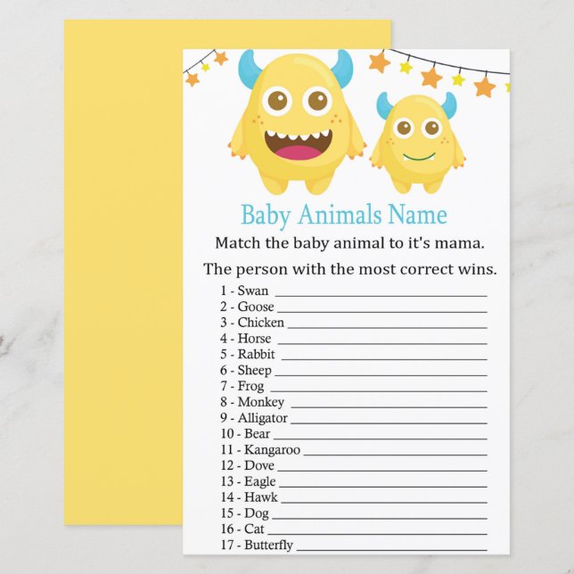 Jogo de Nomes de Animais Bebês do Monstro Amarelo (Frente/Verso)