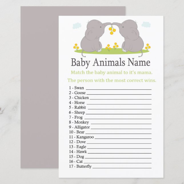 Jogo de Nomes de Animais Bebês Elefante (Frente/Verso)