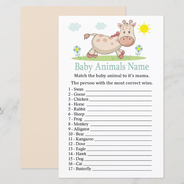 Jogo de Nomes de Animais Bebês Girafa (Frente/Verso)