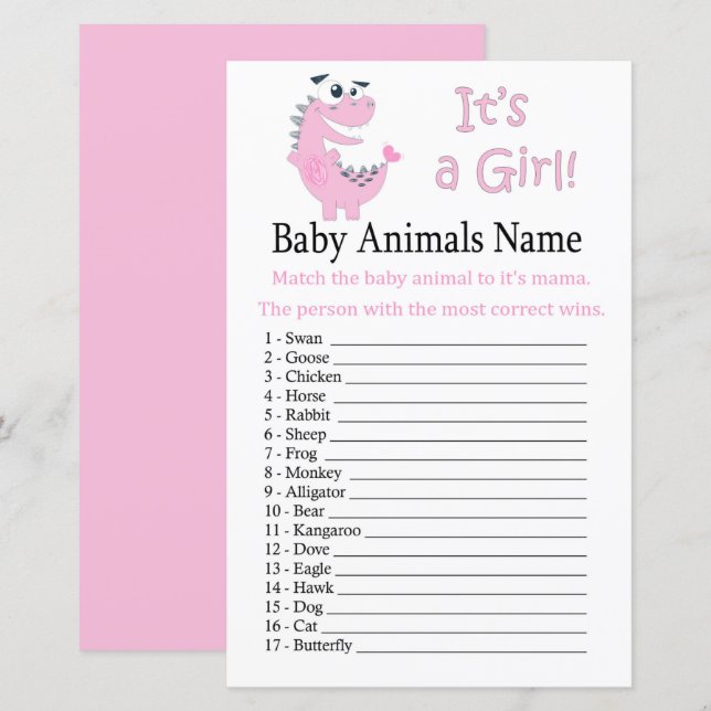 Jogo de Nomes de Bebês Animais Dinossauro Rosa (Frente/Verso)