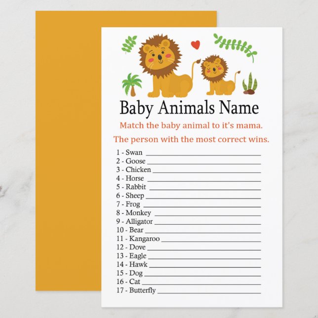 Jogo de Nomes de Bebês Animais Leão (Frente/Verso)