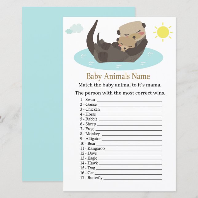 Jogo de Nomes de Bebês Animais Lontra (Frente/Verso)