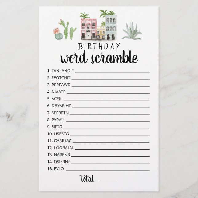 Jogo de palavras de aniversário com Respostas (Frente)