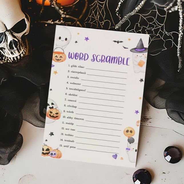 Jogo de Palavras de Boo de Halloween Roxo (Baby is Brewing Baby Shower Word Scramble Game)
