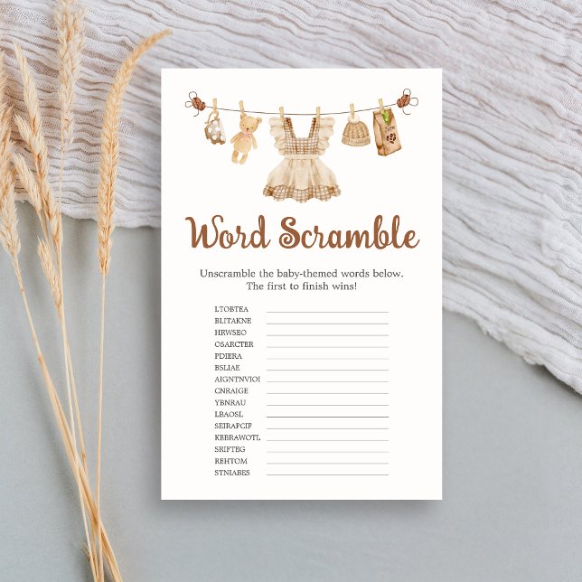 Jogo de Palavras Desordenadas Chá de Bebê Café Tor (Coffee Little Bean Clothesline Baby Shower Word Scramble Game)