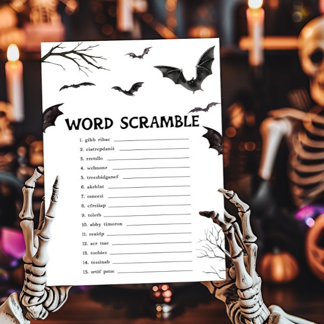 Jogo de Palavras do Bats Negro e Branco do Hallowe (Black and White Bats Baby Shower Word Scramble Game)