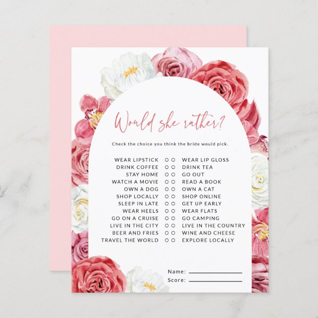 Jogo de Perguntas 'Ela Preferiria' para Chá de Noi (Frente/Verso)