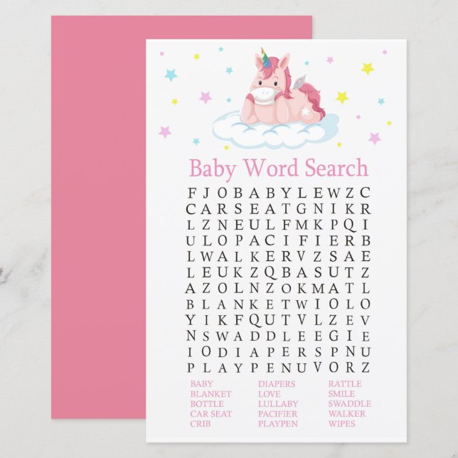 Jogo de Pesquisa do Word do Unicorn Chá de fraldas (Frente/Verso)