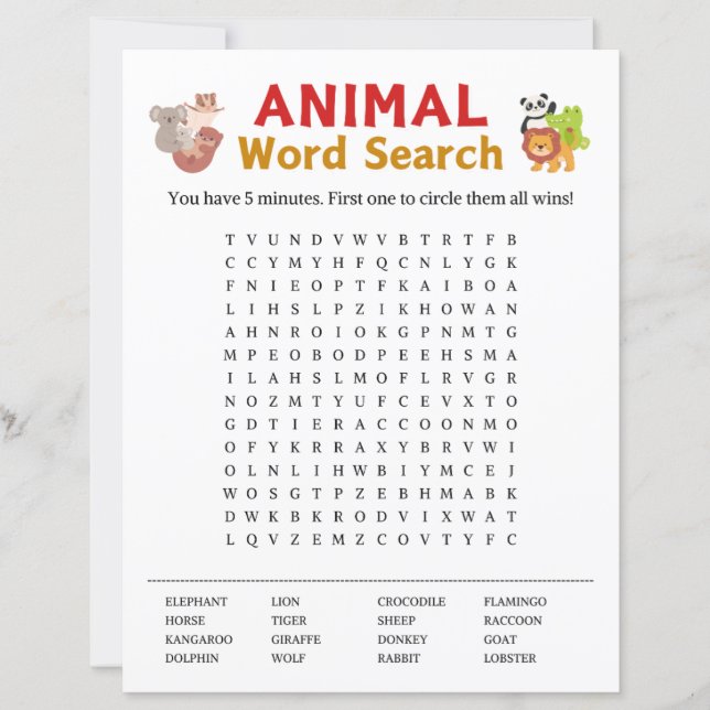 Jogo de Pesquisa do Word em Animais (Frente)