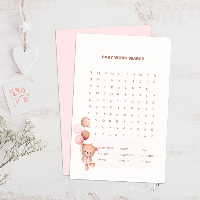 Jogo de Pesquisa do Word para Chá de fraldas de Ba (Bear & Pink Balloons Baby Shower Word Search Game on a boho wooden table.)