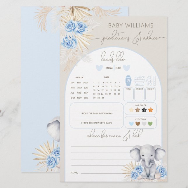 Jogo de previsão do Chá de fraldas Safari do Elefa (Frente/Verso)