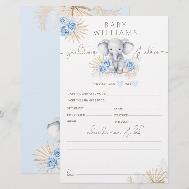 Jogo de previsão do Chá de fraldas Safari Elefante (Frente/Verso)